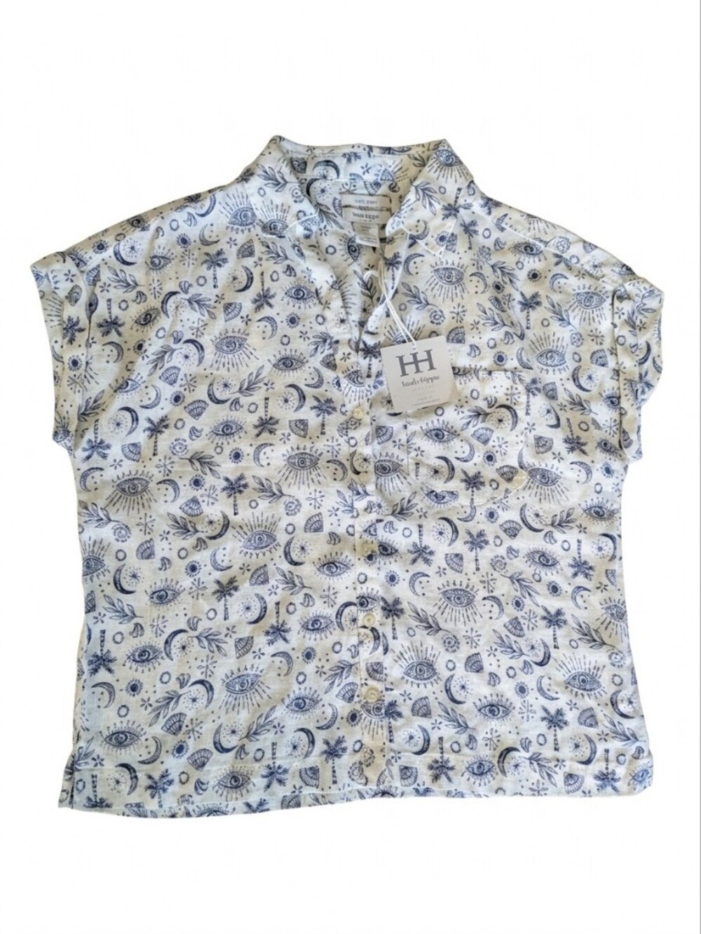 Haute Hippie Linen Shirt S NWT Celestial Evil Eye Boho ButtonUp Sun Moon Equinox